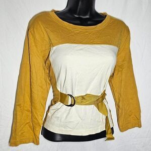Mustard yellow colorblock waist tie chic top